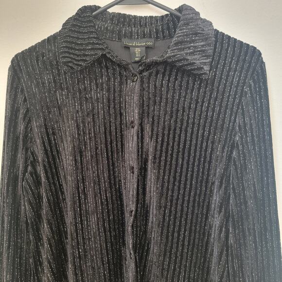 House of Harlow Black Velvet Striped‎ Button Up Long Sleeve Metallic Sheer Small - Picture 3 of 10